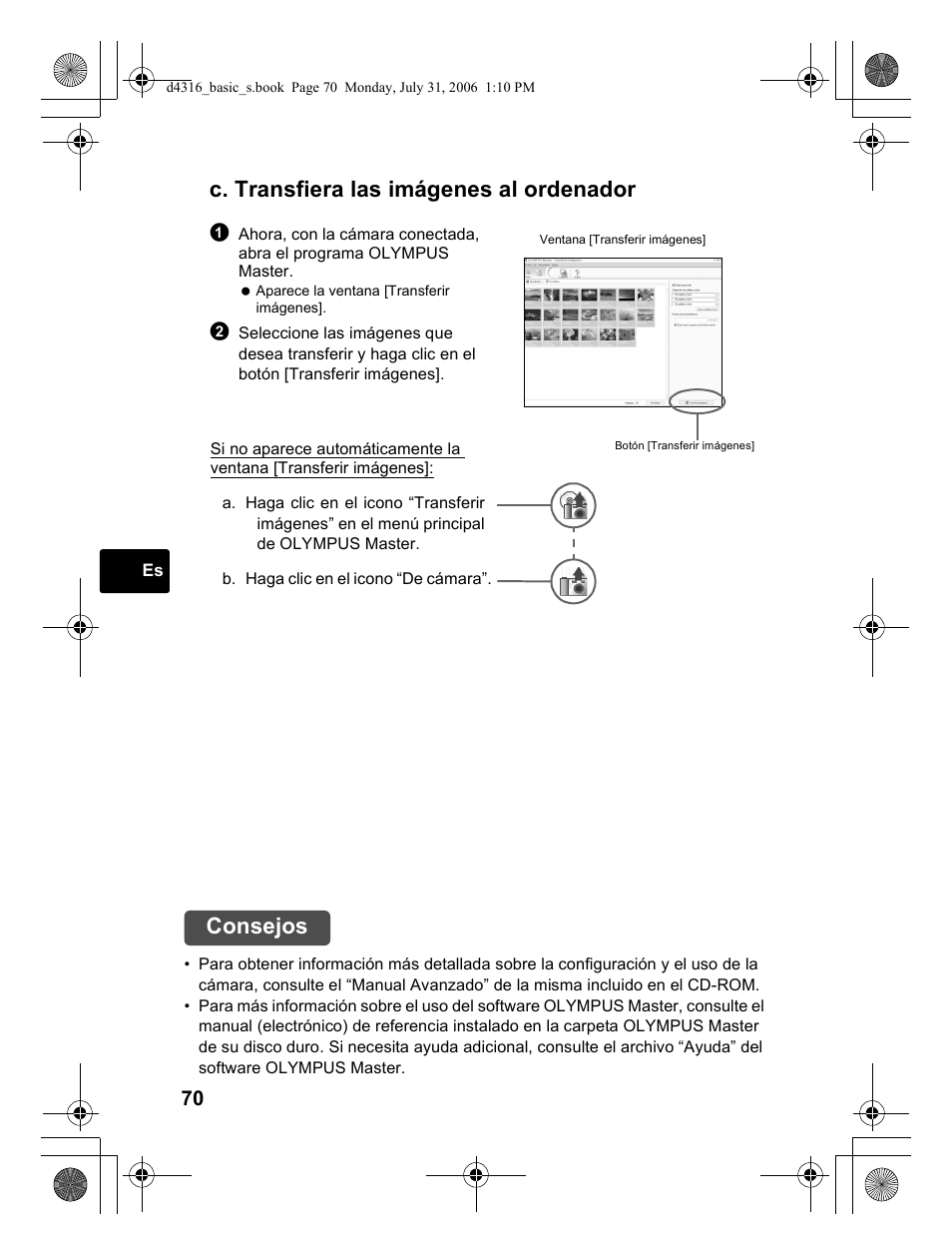 C. transfiera las imágenes al ordenador, Consejos | Olympus STYLUS 730 User Manual | Page 70 / 80