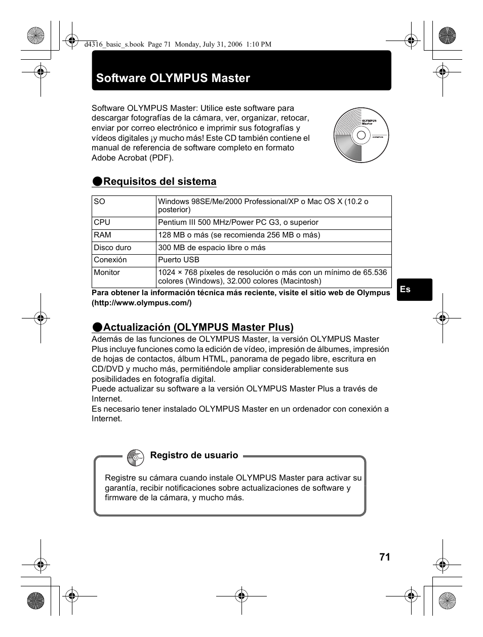 Software olympus master, Requisitos del sistema, Actualización (olympus master plus) | Olympus STYLUS 730 User Manual | Page 71 / 80