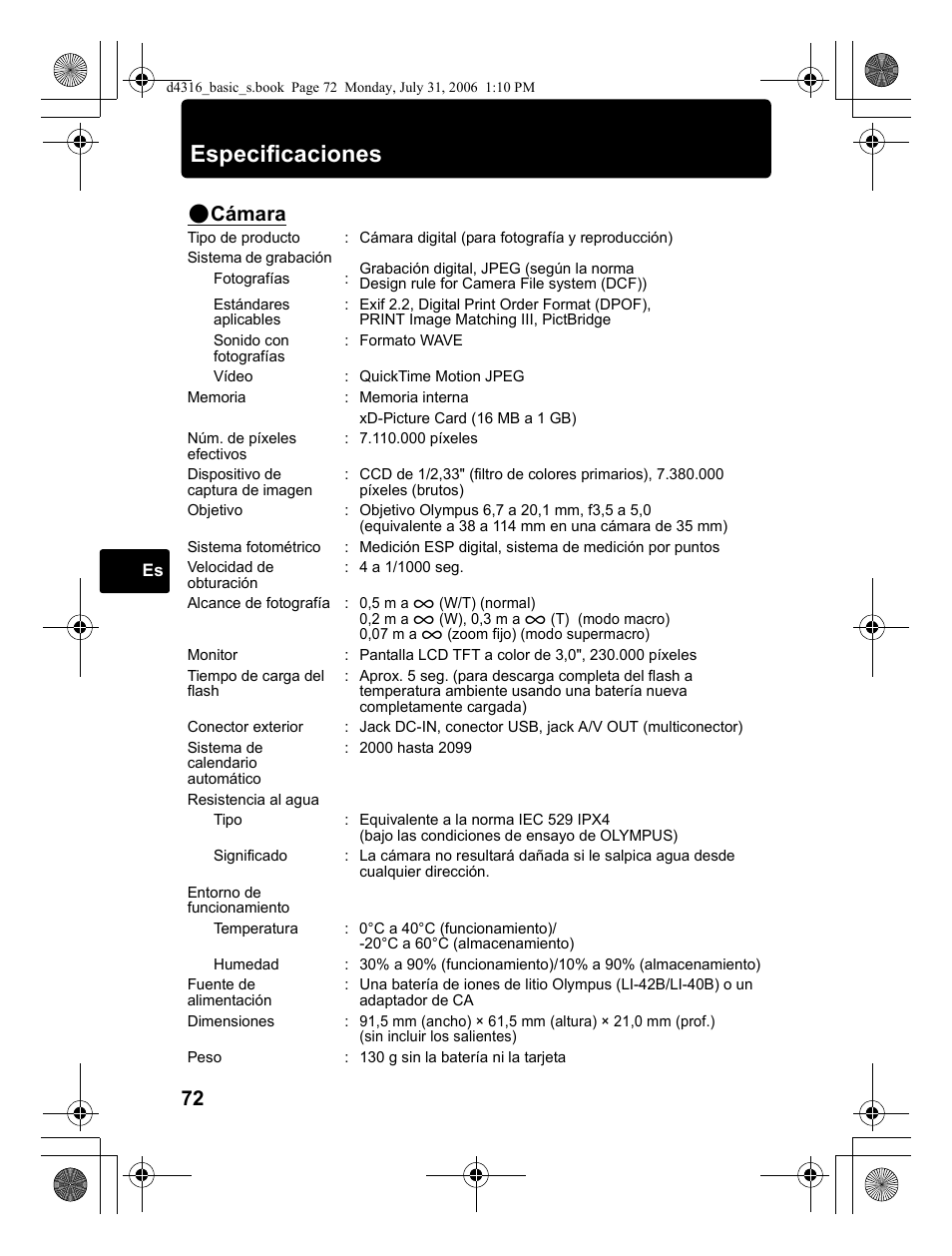Especificaciones, Cámara | Olympus STYLUS 730 User Manual | Page 72 / 80