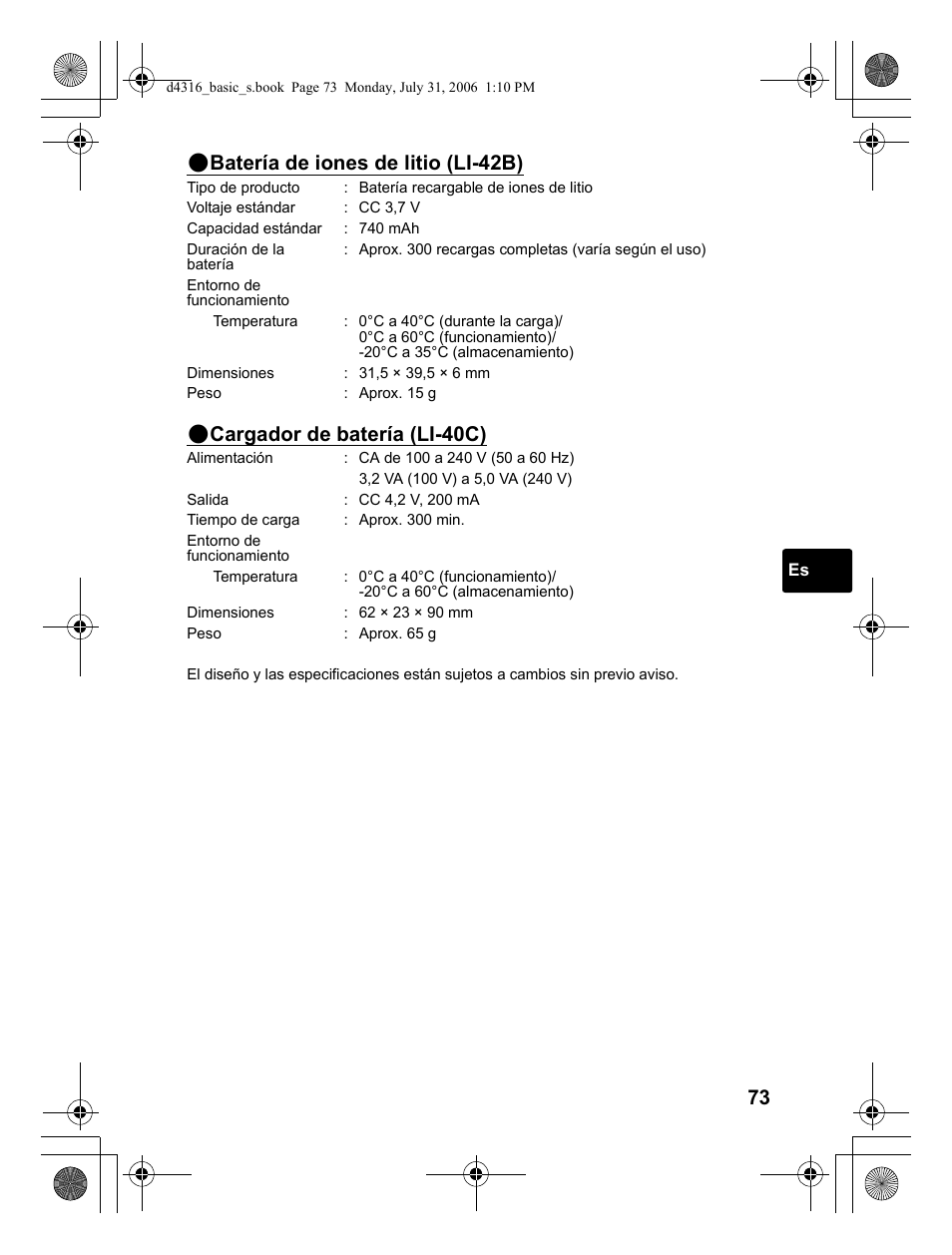 Batería de iones de litio (li-42b), Cargador de batería (li-40c) | Olympus STYLUS 730 User Manual | Page 73 / 80