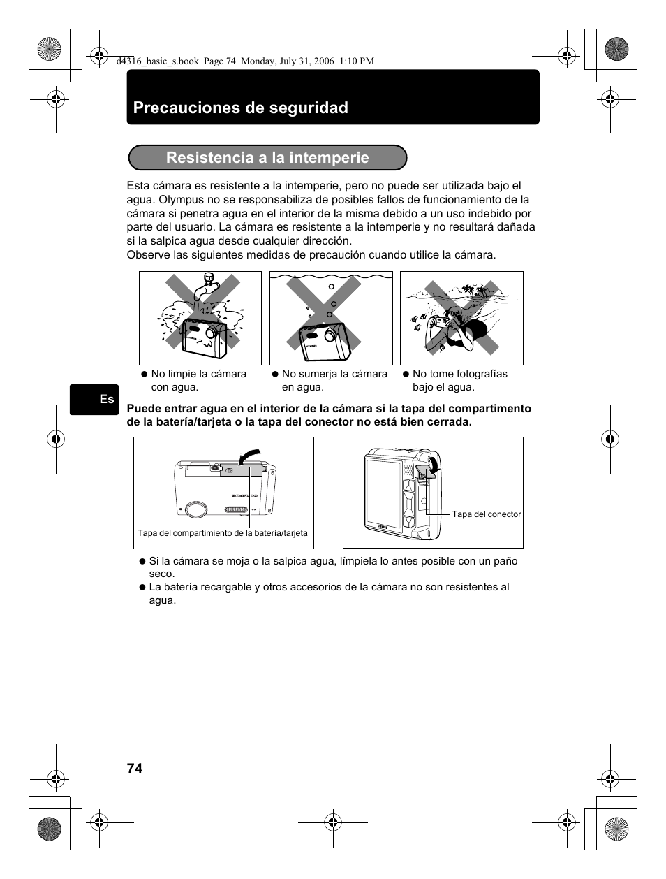 Precauciones de seguridad, Resistencia a la intemperie | Olympus STYLUS 730 User Manual | Page 74 / 80