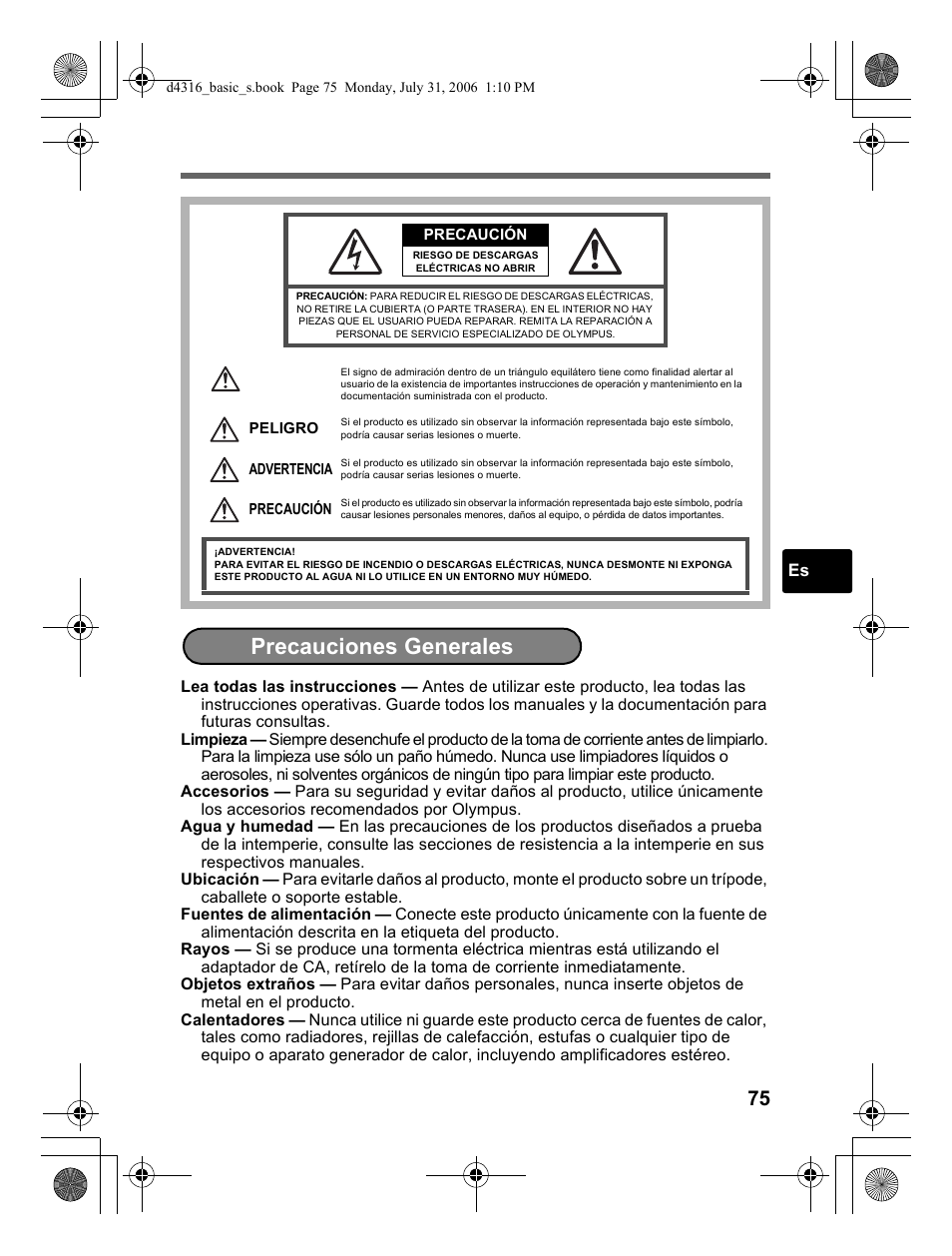 Precauciones generales | Olympus STYLUS 730 User Manual | Page 75 / 80