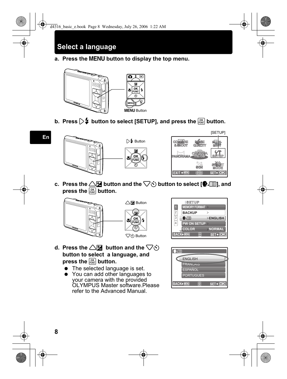 Select a language | Olympus STYLUS 730 User Manual | Page 8 / 80