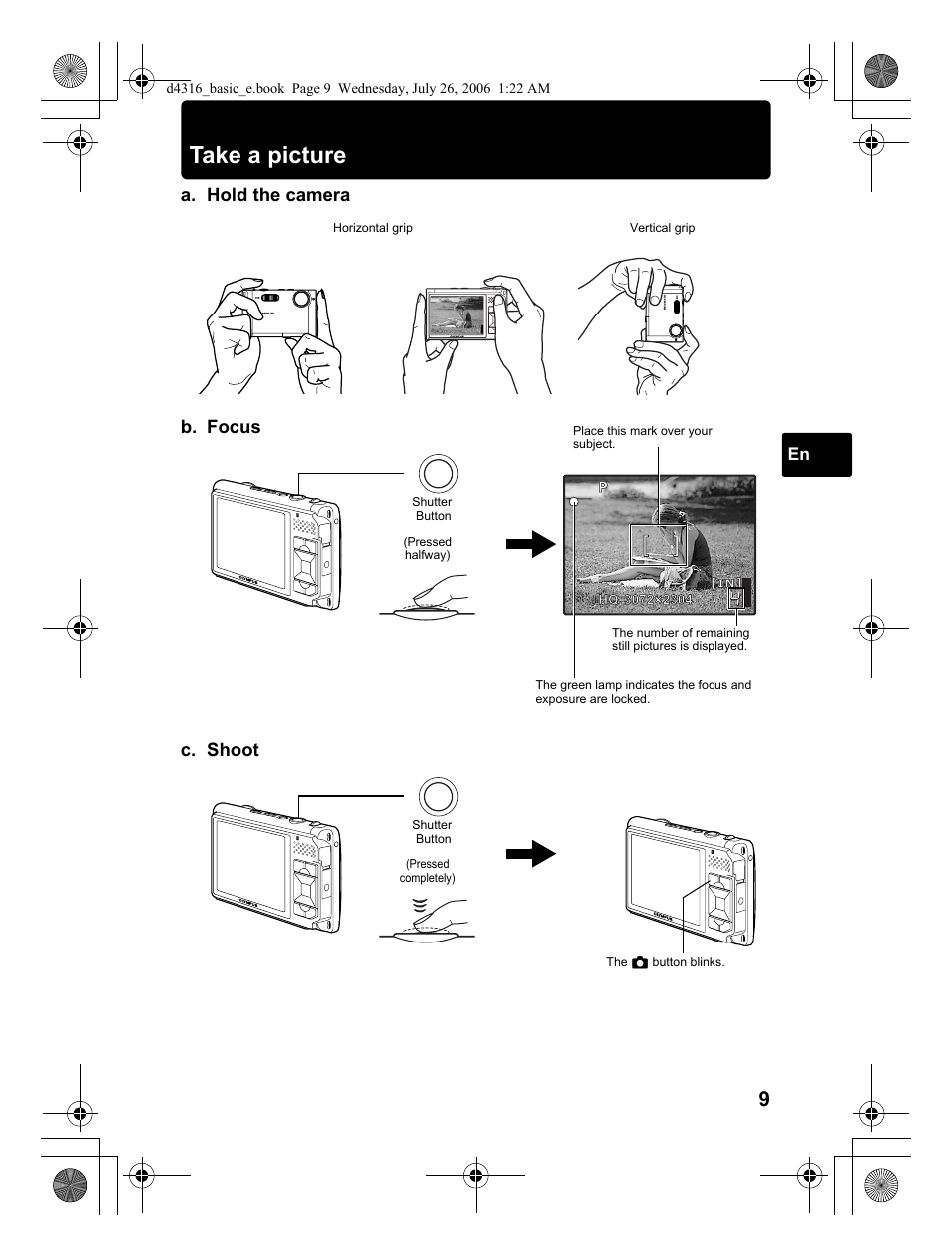 Take a picture, A. hold the camera c. shoot, B. focus | Olympus STYLUS 730 User Manual | Page 9 / 80