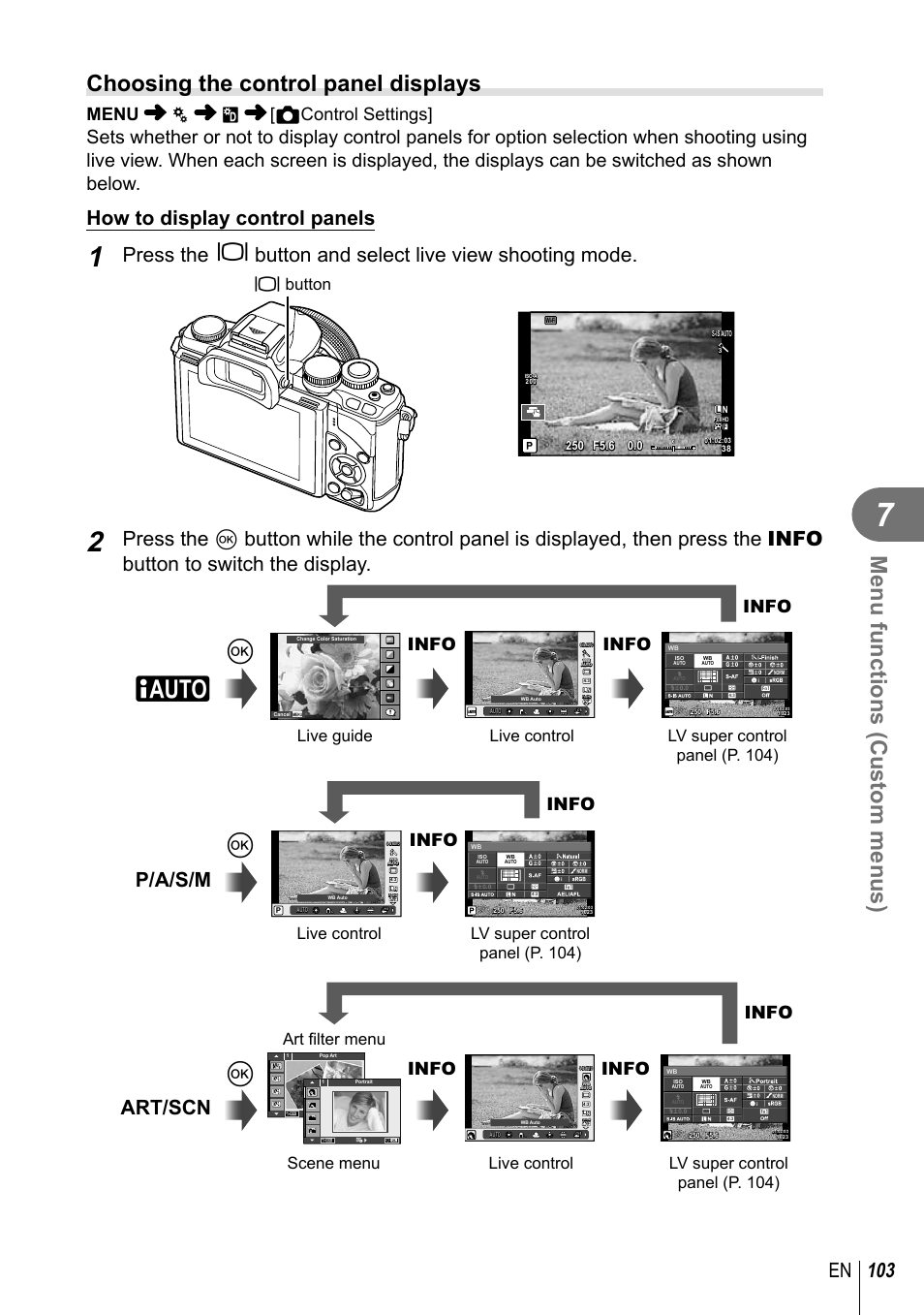 Menu functions (custom menus), Choosing the control panel displays, 103 en | How to display control panels, P/a/s/m art/scn, Menu c u [ kcontrol settings, Info, U button, Live guide, Art fi lter menu | Olympus E-M10 User Manual | Page 103 / 161