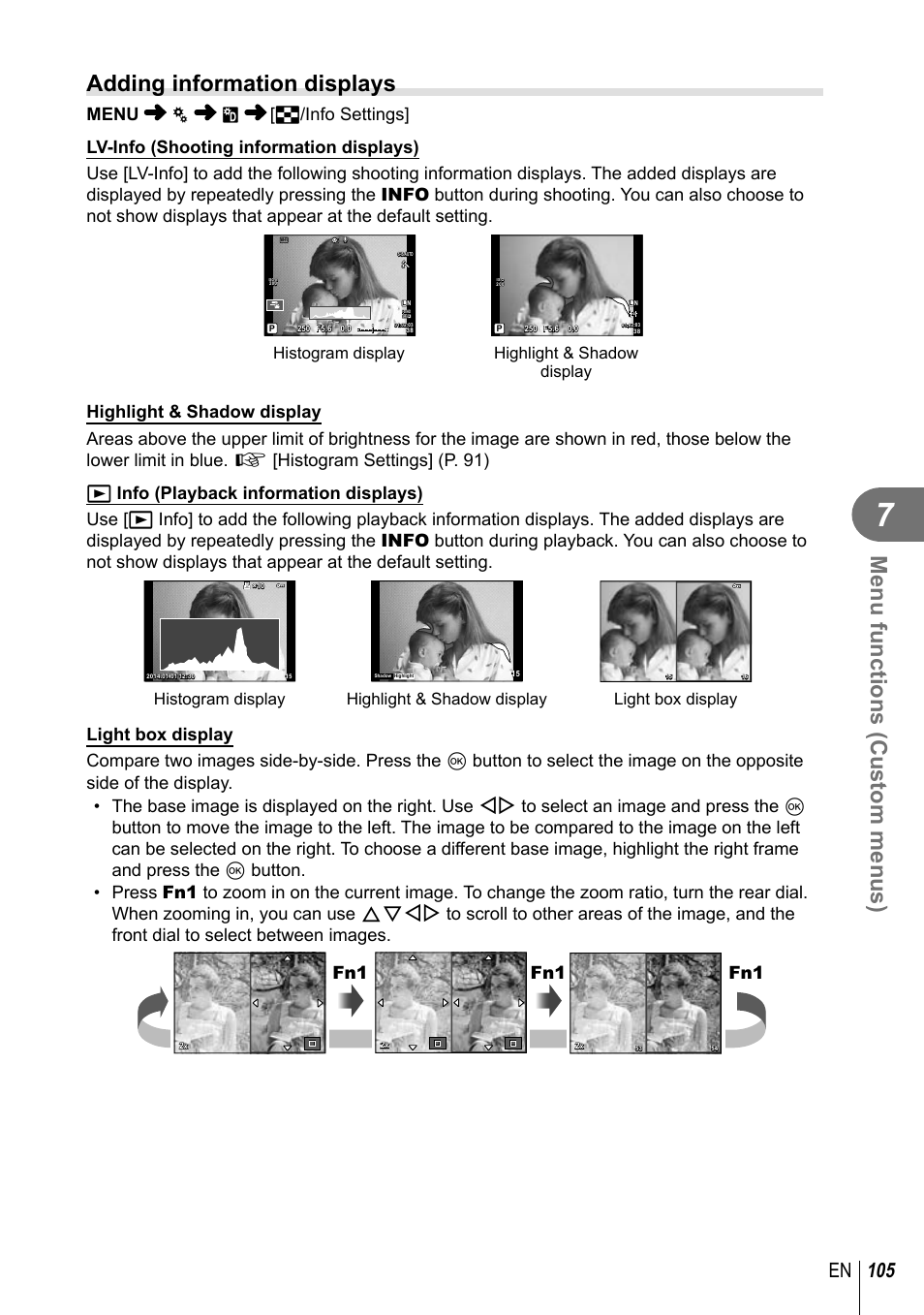 Menu functions (custom menus), Adding information displays, 105 en | Highlight & shadow display histogram display | Olympus E-M10 User Manual | Page 105 / 161