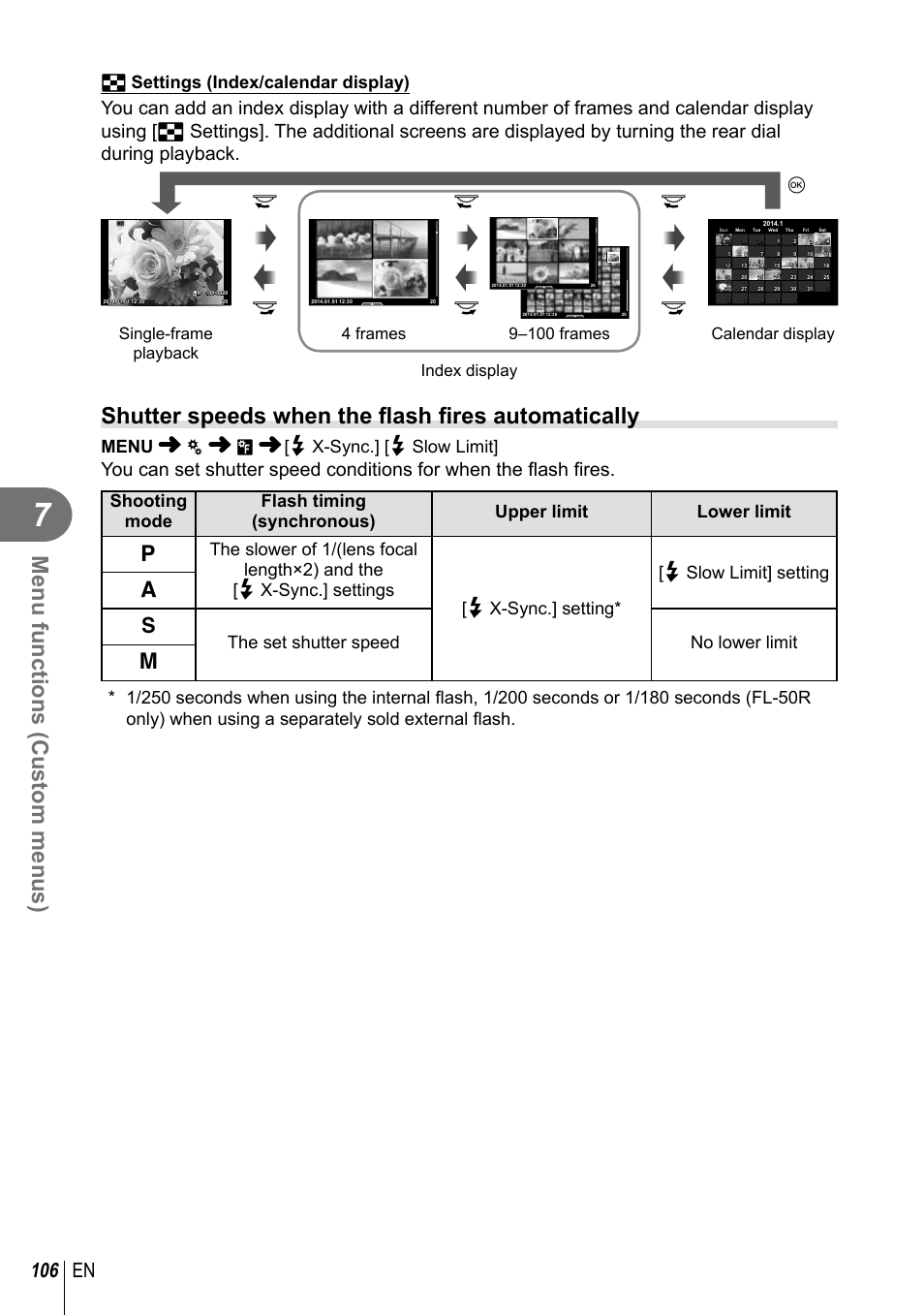 Menu functions (custom menus), 106 en, G settings (index/calendar display) | Menu c w [ # x-sync.] [# slow limit, Index display, 4 frames, 9–100 frames, Single-frame playback, Calendar display | Olympus E-M10 User Manual | Page 106 / 161