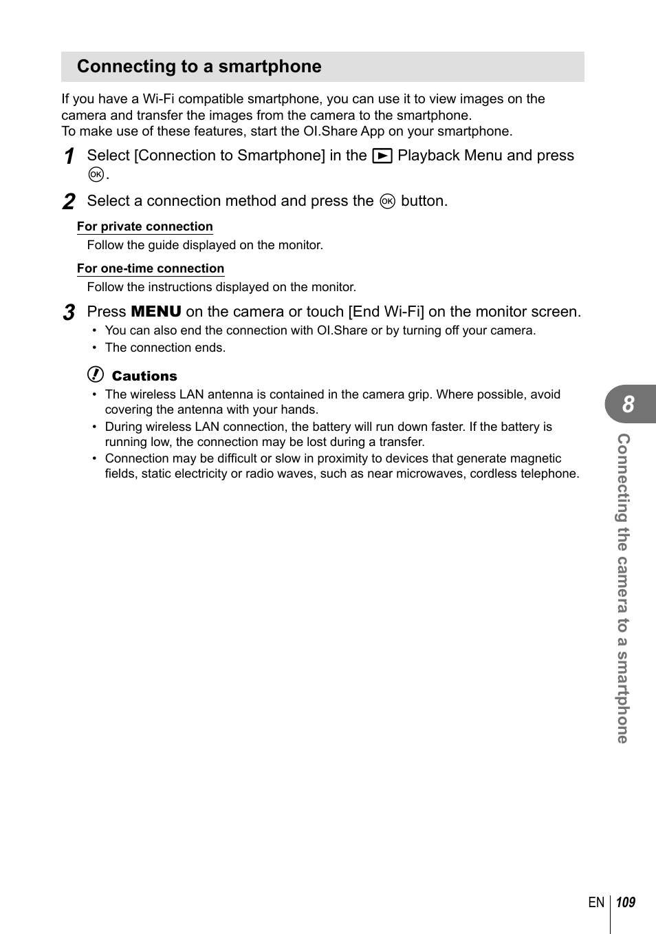 Connecting to a smartphone | Olympus E-M10 User Manual | Page 109 / 161