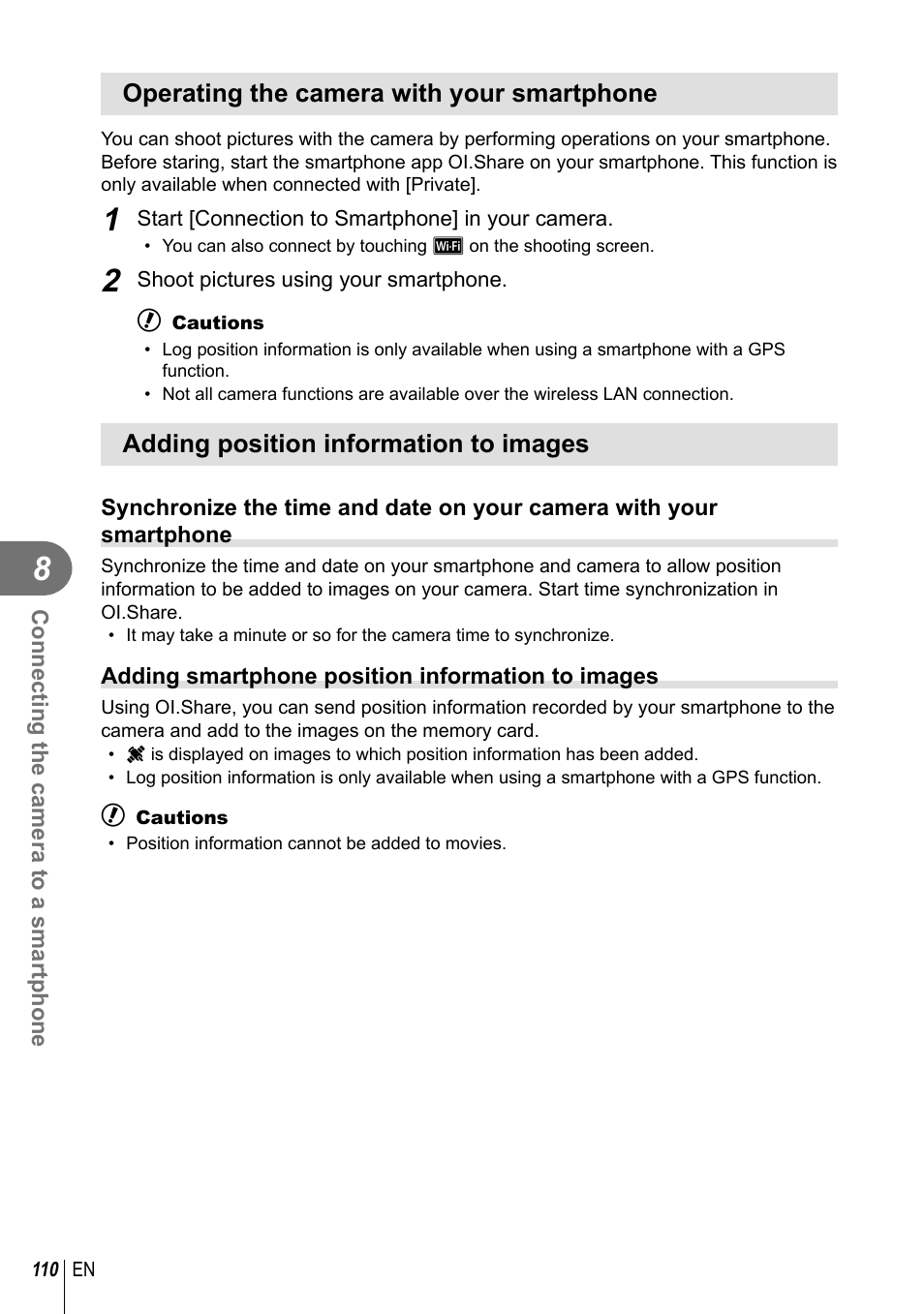 Operating the camera with your smartphone, Adding position information to images | Olympus E-M10 User Manual | Page 110 / 161