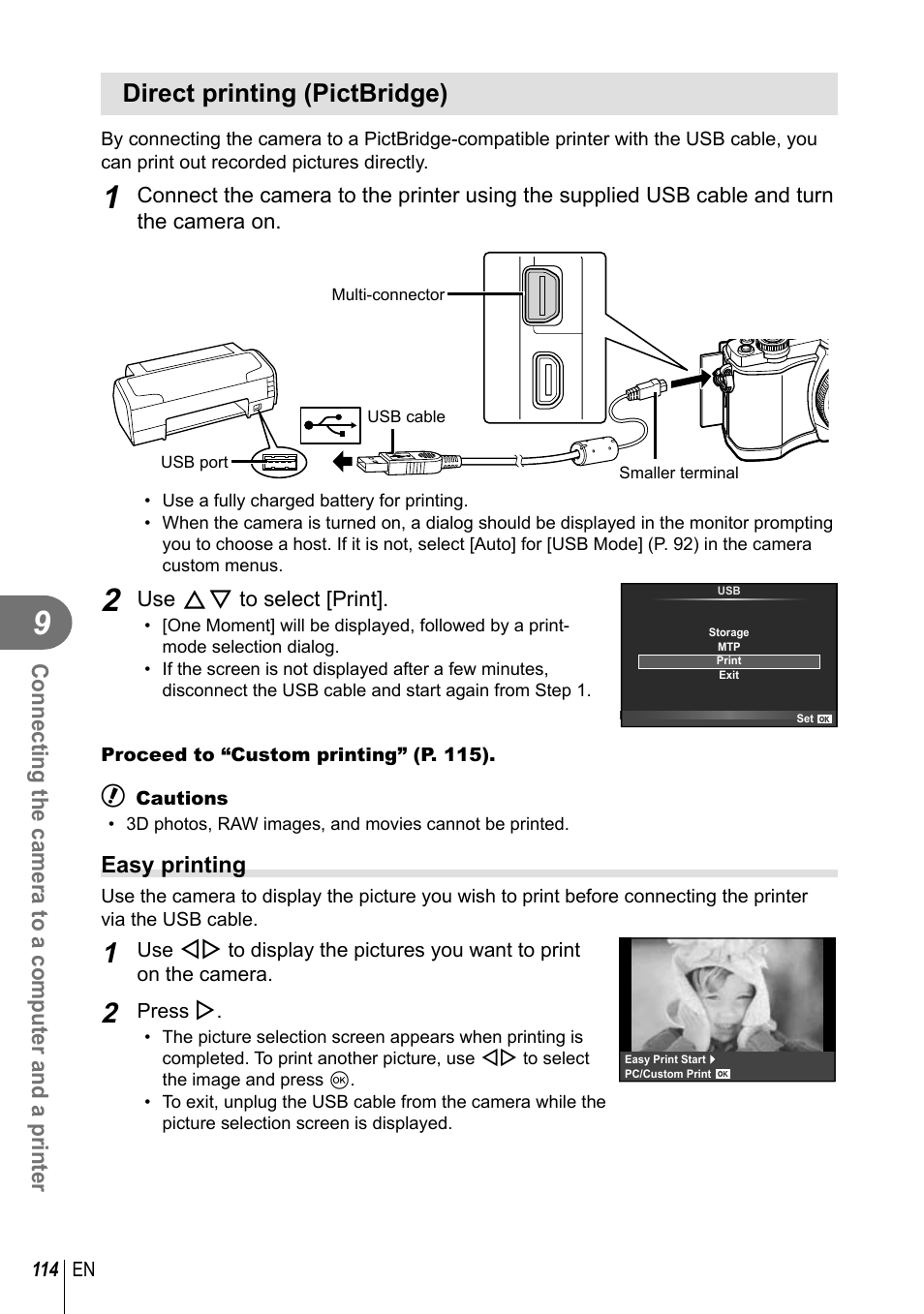 Direct printing (pictbridge), Connecting the camera to a computer and a printer, Easy printing | Olympus E-M10 User Manual | Page 114 / 161