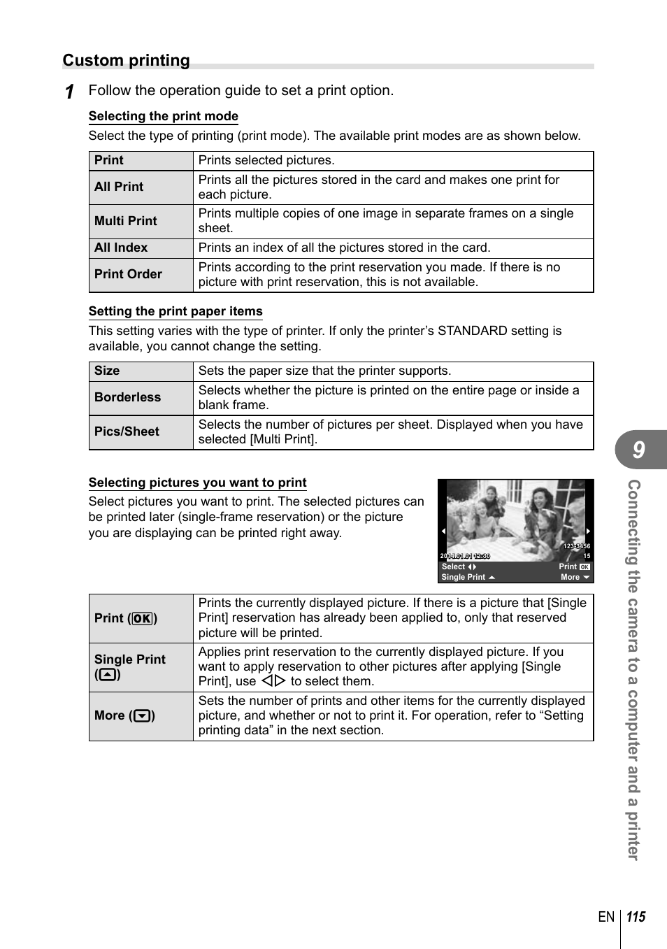 Connecting the camera to a computer and a printer, Custom printing | Olympus E-M10 User Manual | Page 115 / 161