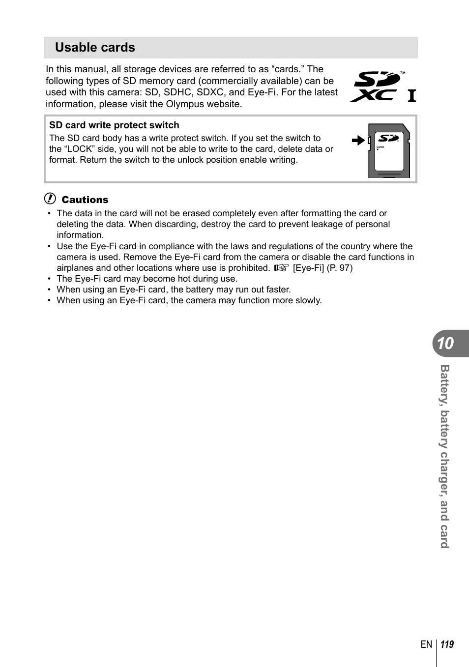Usable cards | Olympus E-M10 User Manual | Page 119 / 161