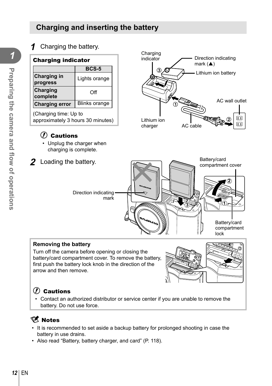 Charging and inserting the battery, Preparing the camera and fl ow of operations | Olympus E-M10 User Manual | Page 12 / 161