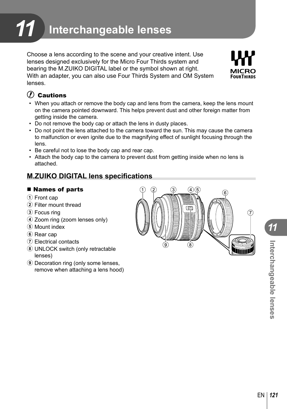 Interchangeable lenses | Olympus E-M10 User Manual | Page 121 / 161