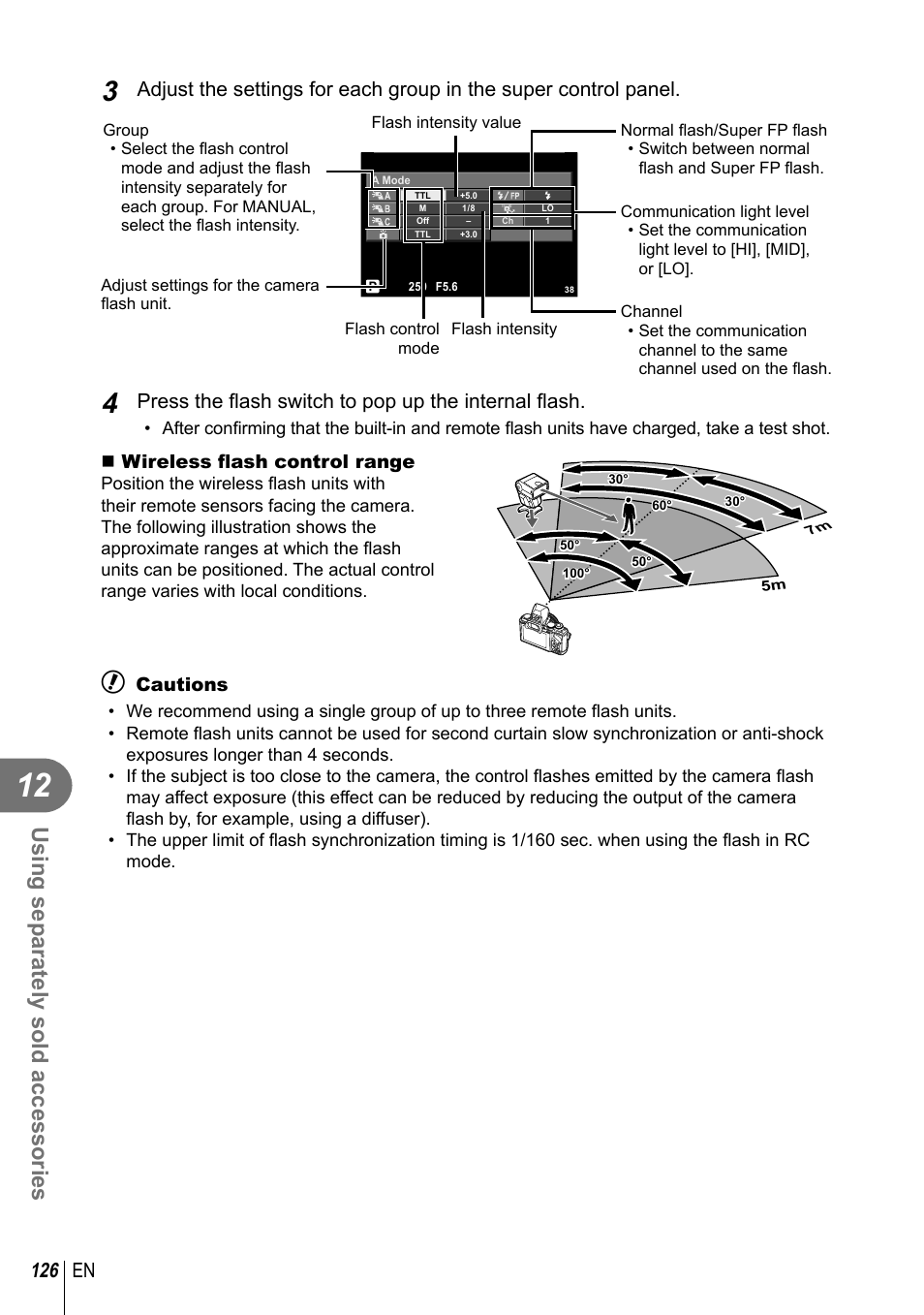 Using separately sold accessories, 126 en, Wireless fl ash control range | Cautions | Olympus E-M10 User Manual | Page 126 / 161