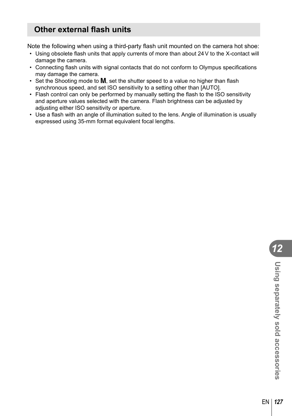 Other external fl ash units | Olympus E-M10 User Manual | Page 127 / 161