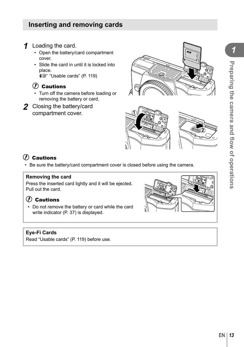 Inserting and removing cards | Olympus E-M10 User Manual | Page 13 / 161