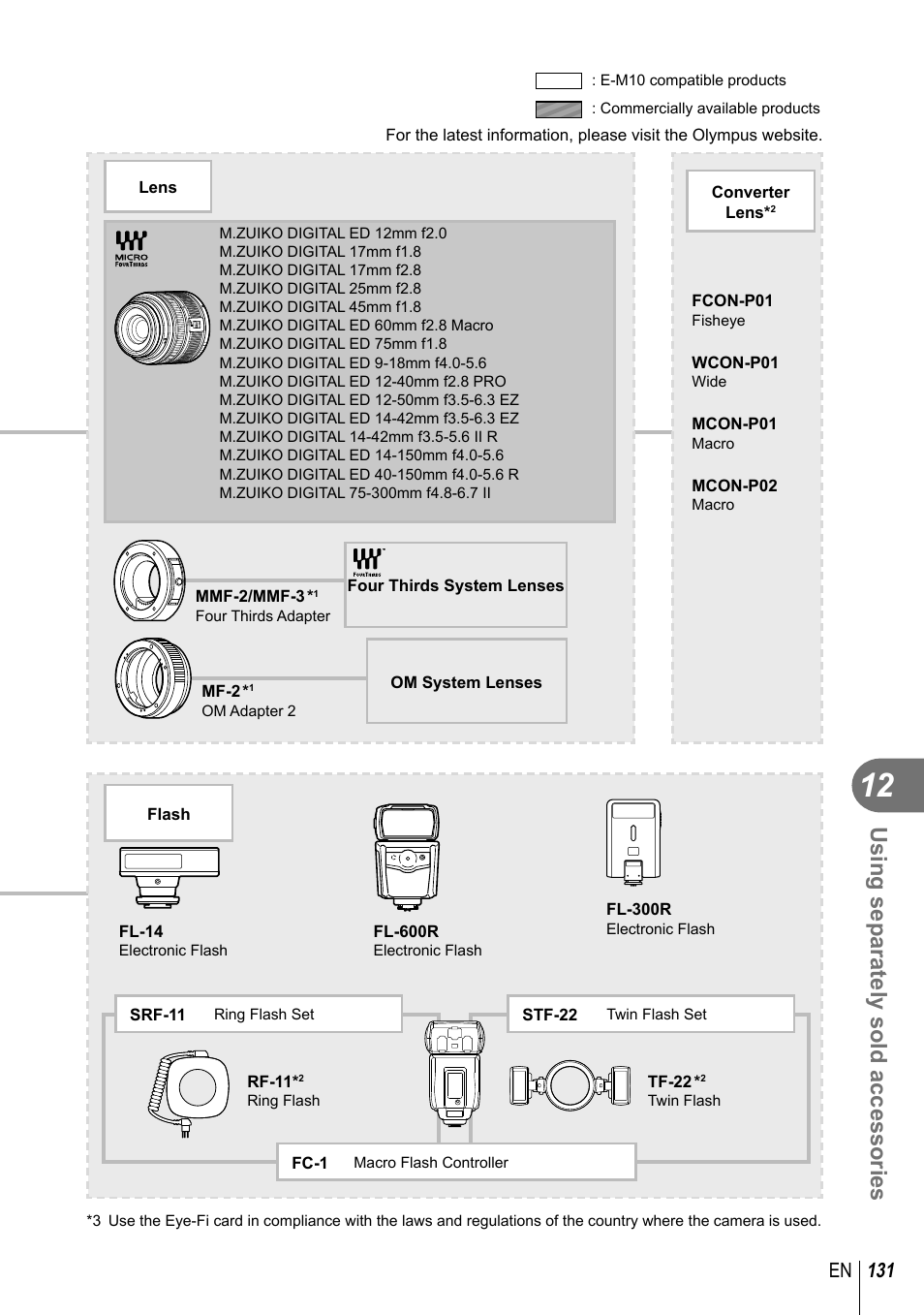 Using separately sold accessories, 131 en | Olympus E-M10 User Manual | Page 131 / 161