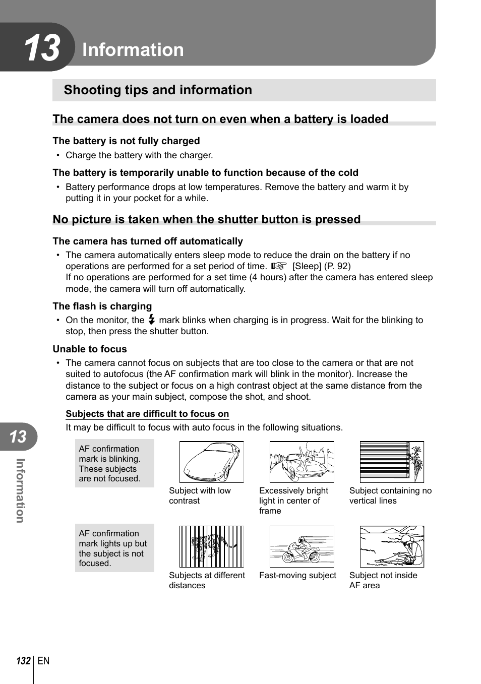 Information, Shooting tips and information | Olympus E-M10 User Manual | Page 132 / 161