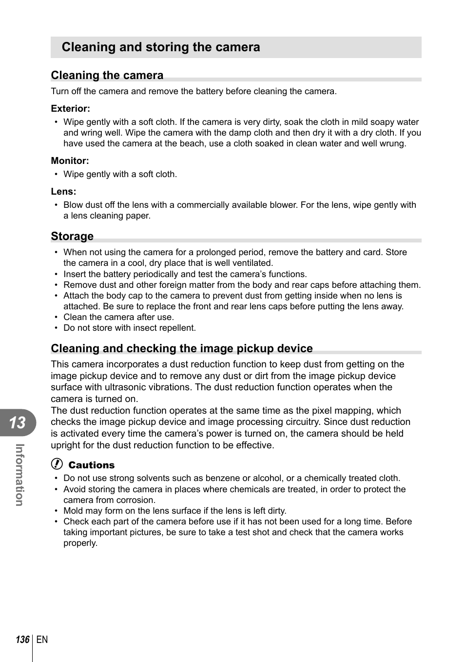 Cleaning and storing the camera | Olympus E-M10 User Manual | Page 136 / 161