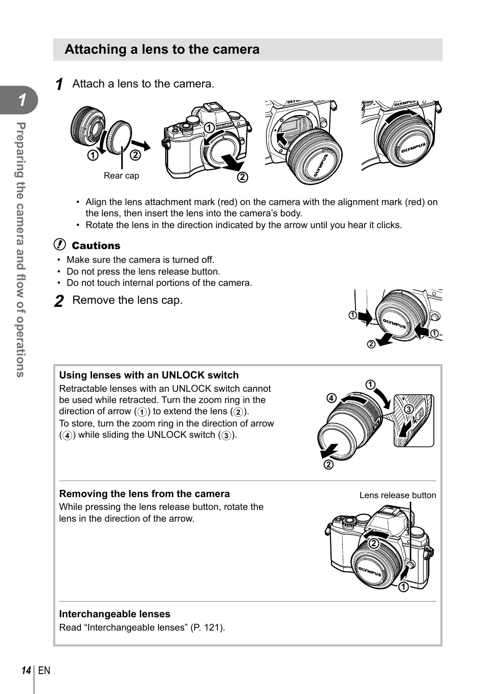 Attaching a lens to the camera, Preparing the camera and fl ow of operations | Olympus E-M10 User Manual | Page 14 / 161