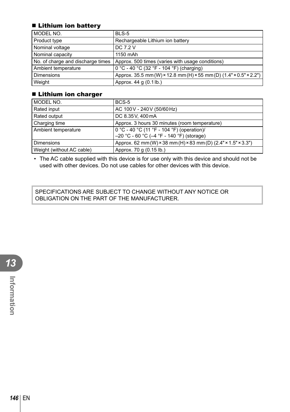 Information, 146 en | Olympus E-M10 User Manual | Page 146 / 161