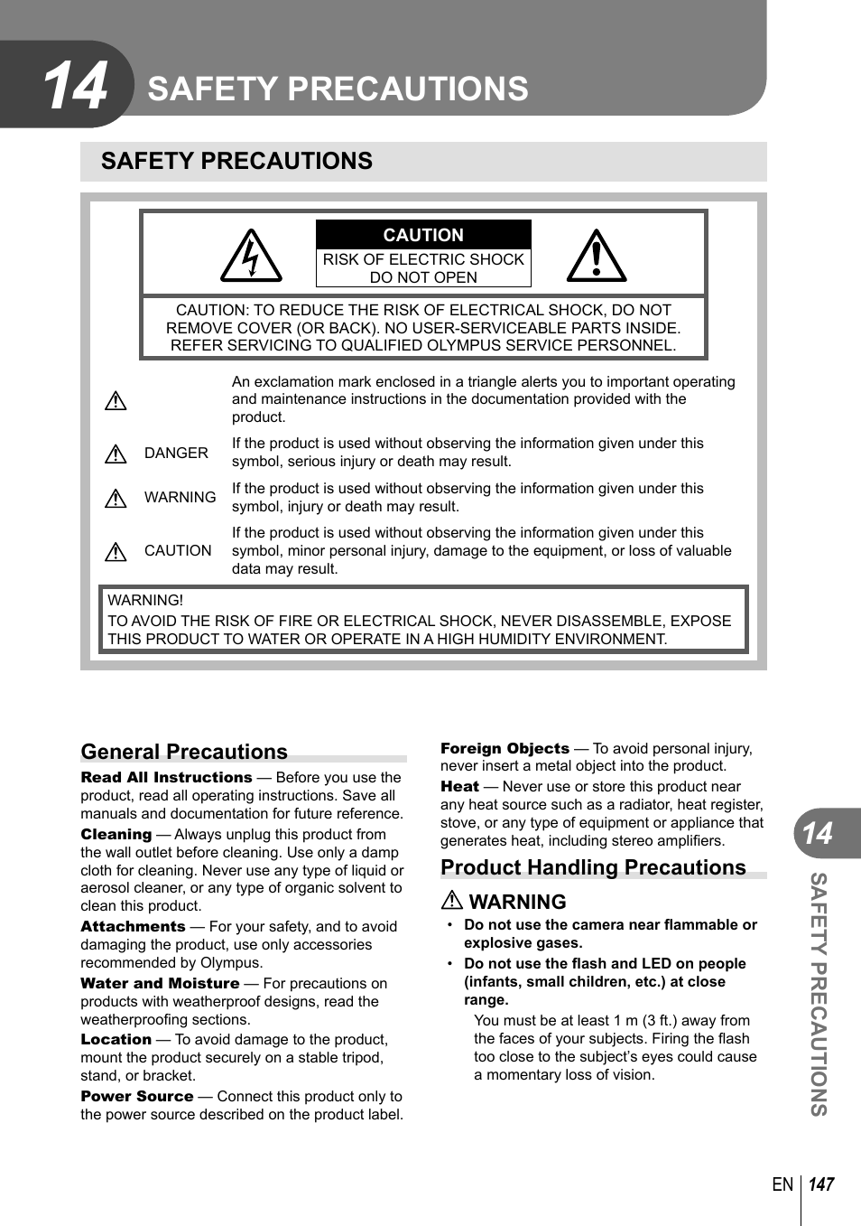 Safety precautions | Olympus E-M10 User Manual | Page 147 / 161