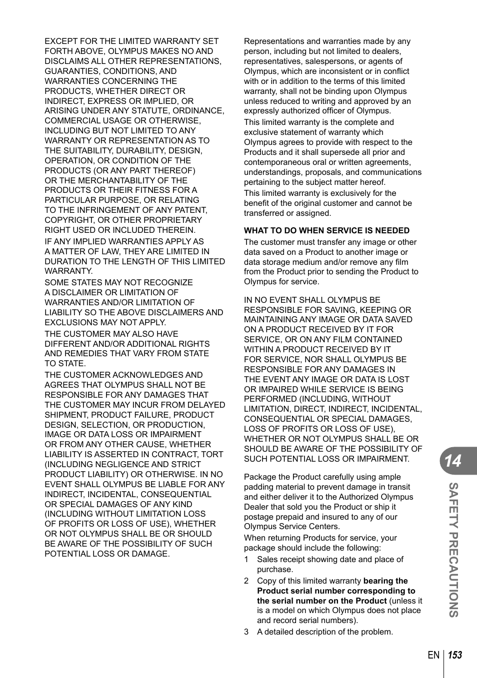 Safety precautions | Olympus E-M10 User Manual | Page 153 / 161