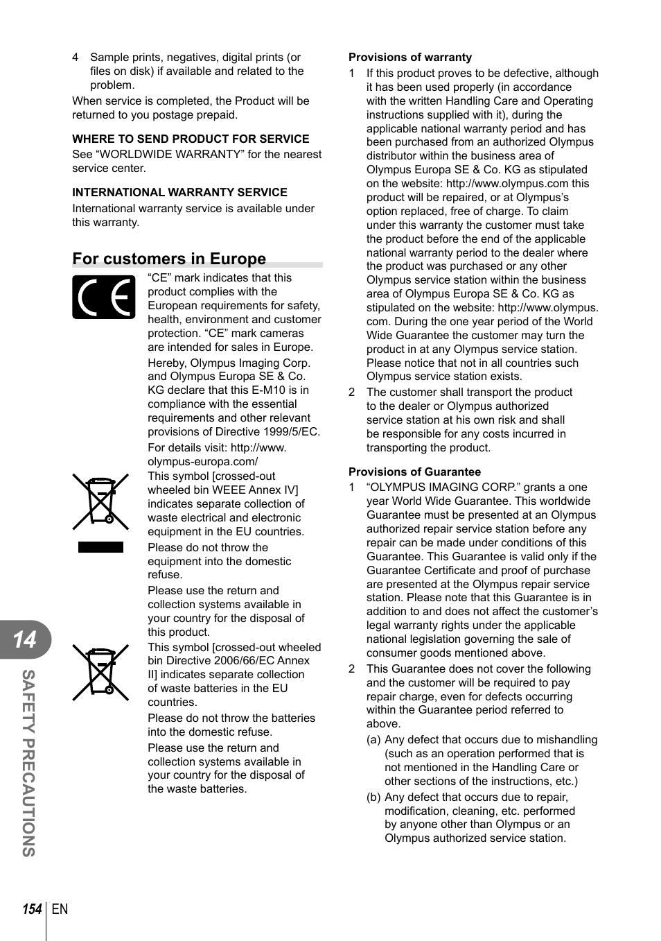 Safety precautions, For customers in europe | Olympus E-M10 User Manual | Page 154 / 161