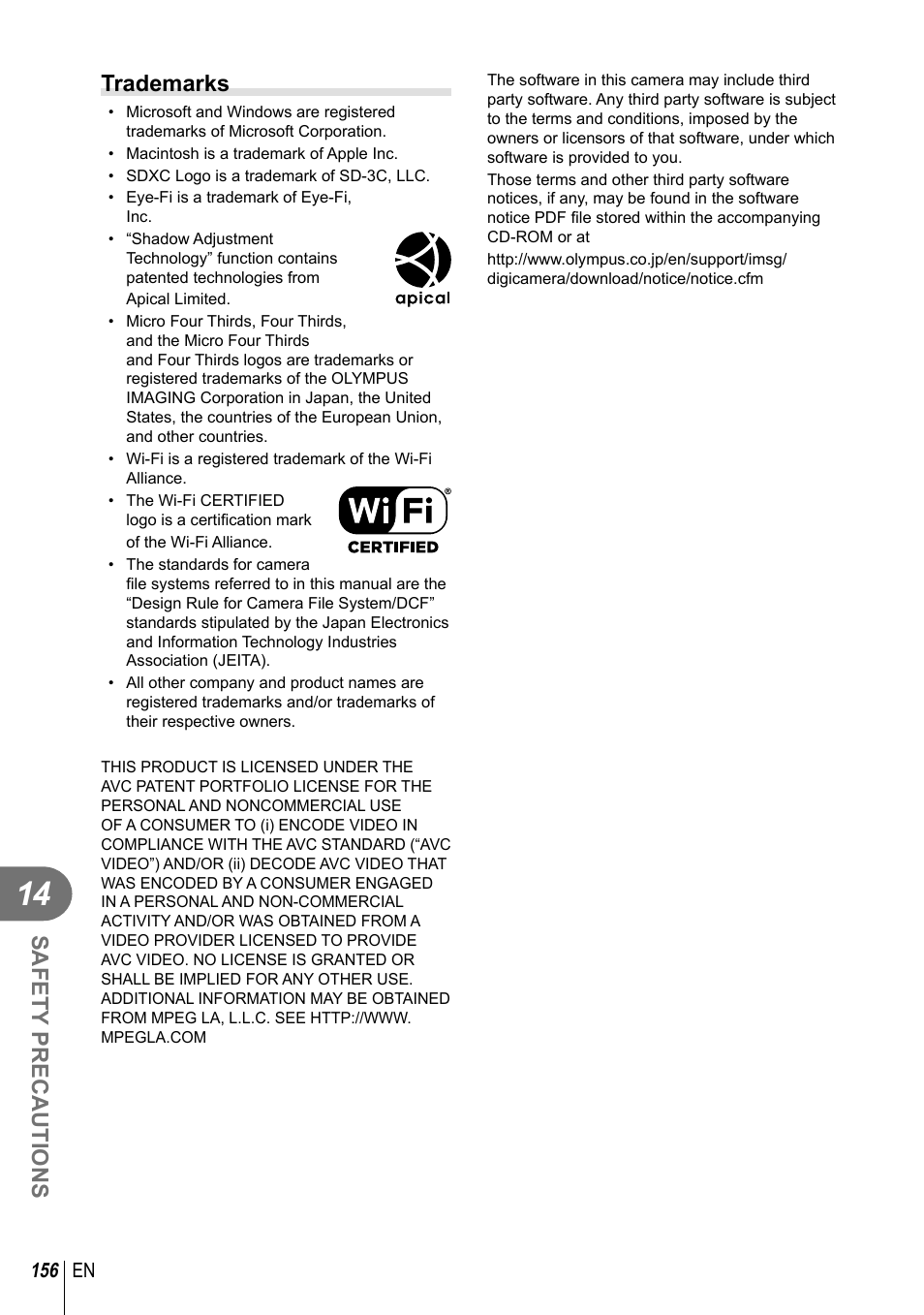 Safety precautions, Trademarks | Olympus E-M10 User Manual | Page 156 / 161