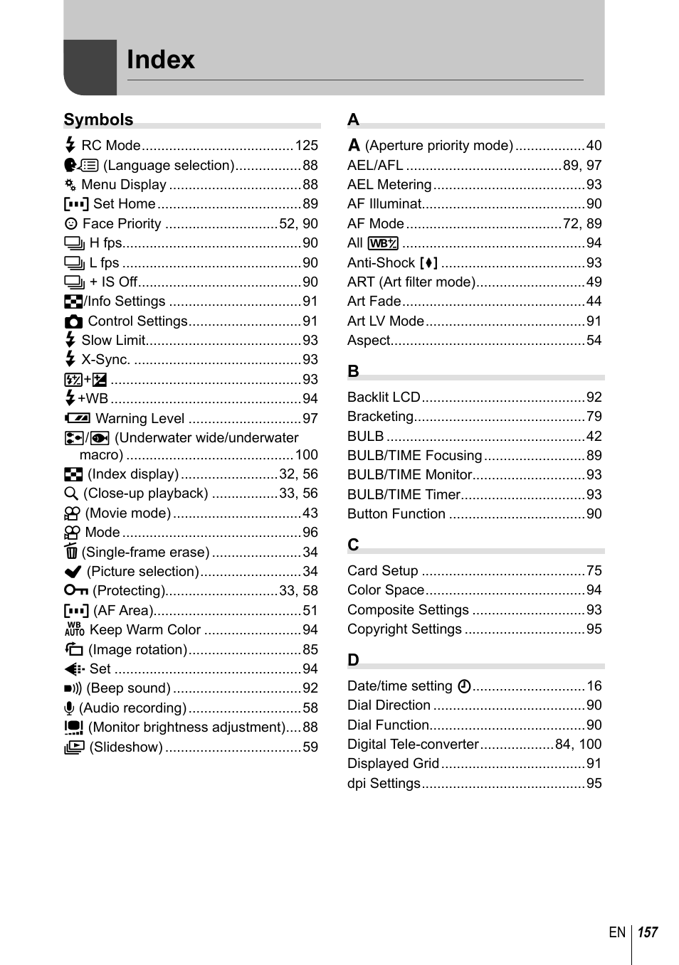 Index | Olympus E-M10 User Manual | Page 157 / 161