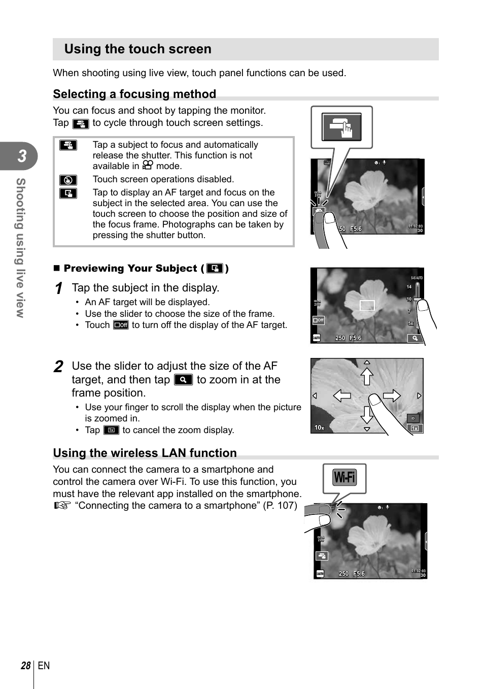 Wi-fi, Using the touch screen, Shooting using live view | Selecting a focusing method, Using the wireless lan function, Tap the subject in the display, 28 en, Previewing your subject ( v ), Touch screen operations disabled | Olympus E-M10 User Manual | Page 28 / 161
