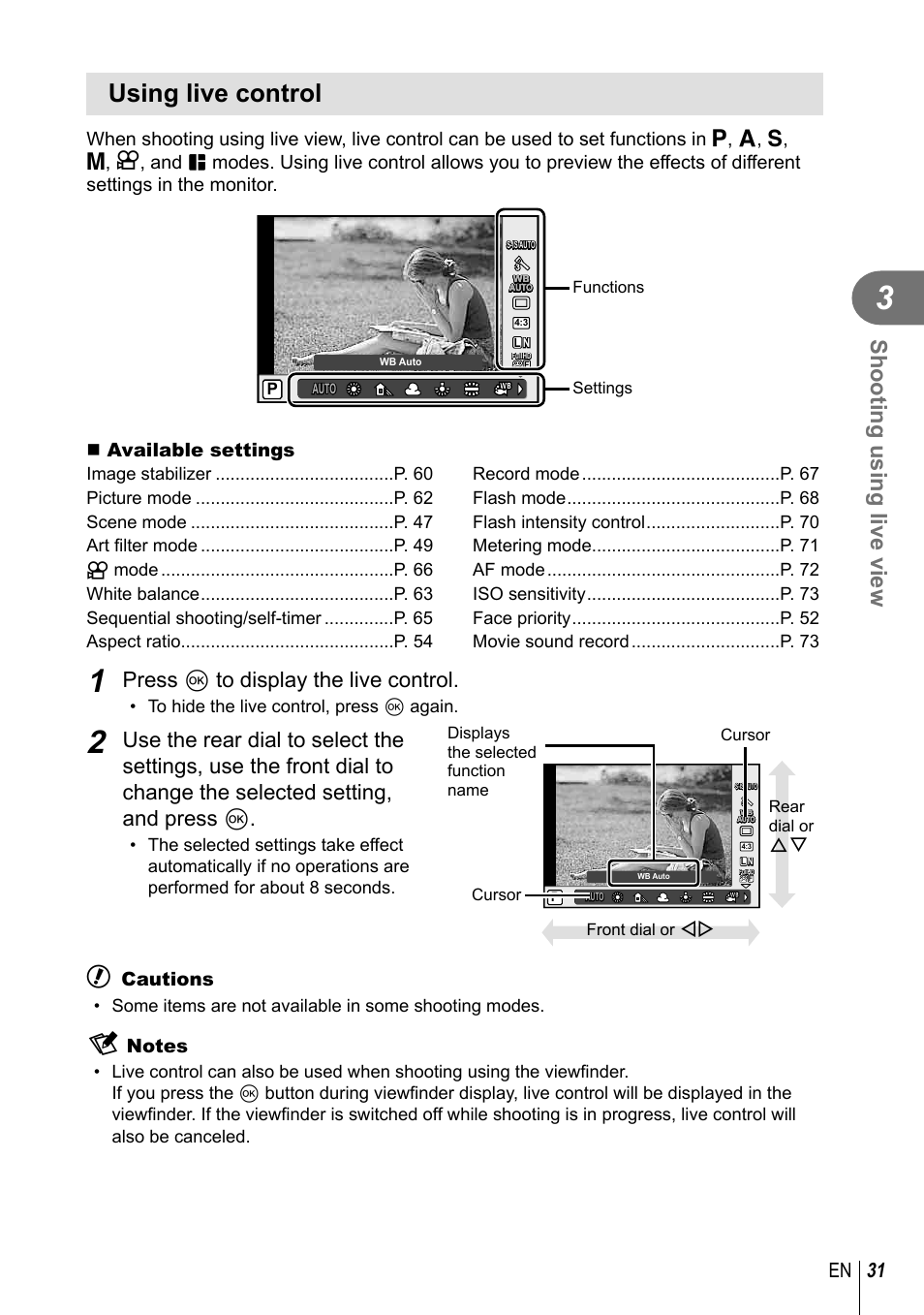 Using live control, Shooting using live view, Press q to display the live control | 31 en, Available settings, Cautions, Settings functions | Olympus E-M10 User Manual | Page 31 / 161