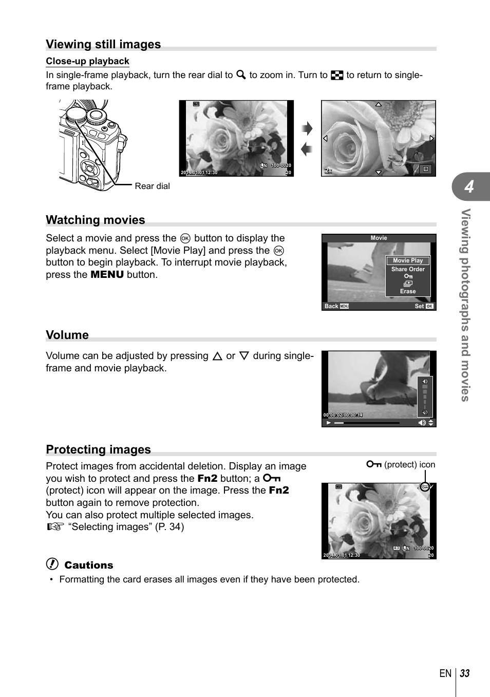 Viewing photographs and movies, Viewing still images, Watching movies | Volume, Protecting images, 33 en | Olympus E-M10 User Manual | Page 33 / 161