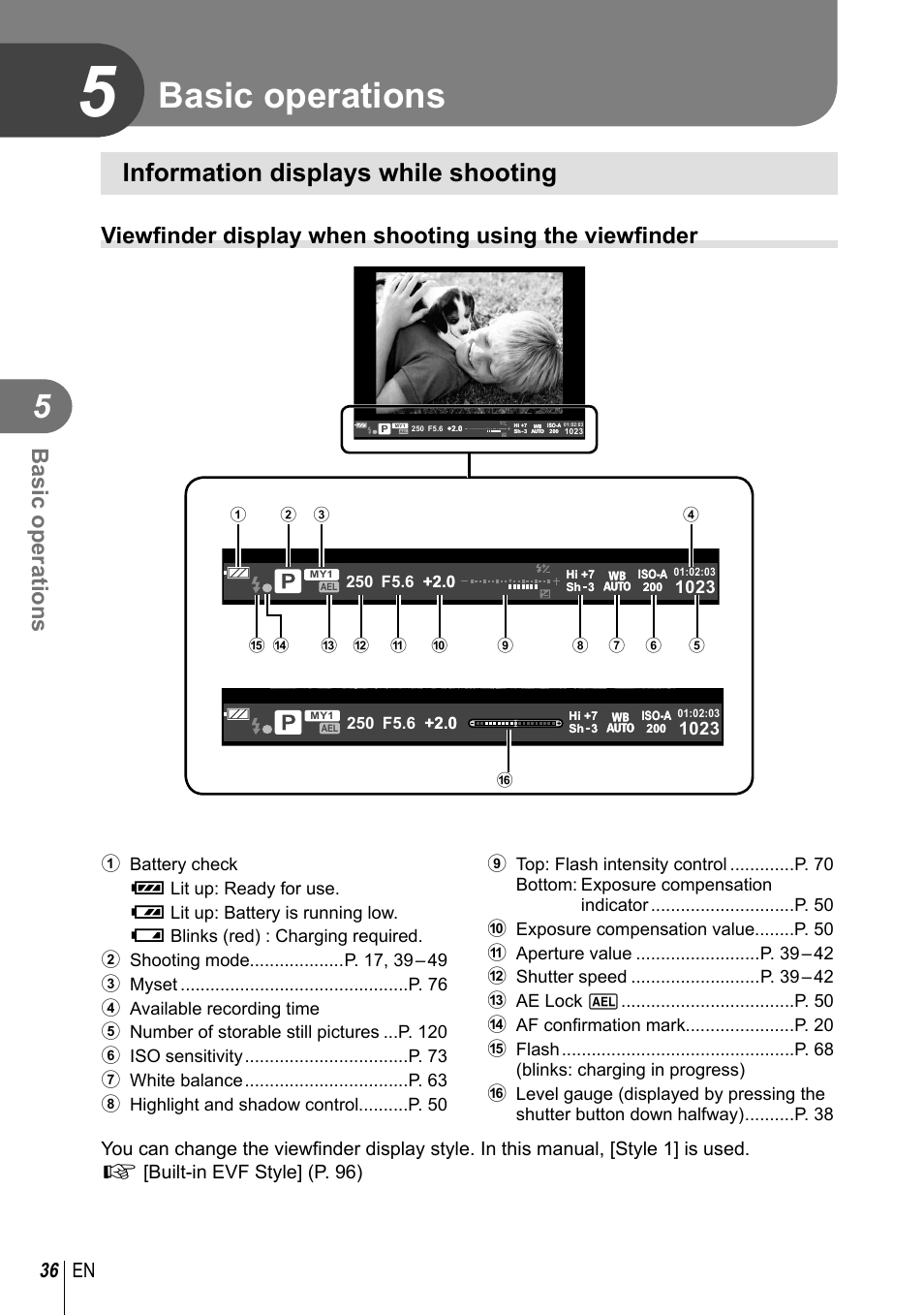 Basic operations, Information displays while shooting, 36 en | Olympus E-M10 User Manual | Page 36 / 161