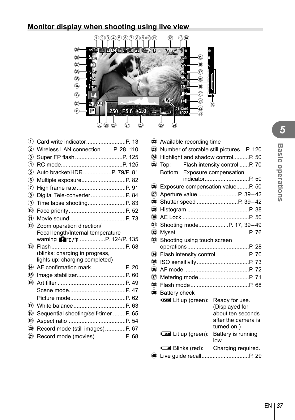 Basic operations, Monitor display when shooting using live view, 37 en | Olympus E-M10 User Manual | Page 37 / 161