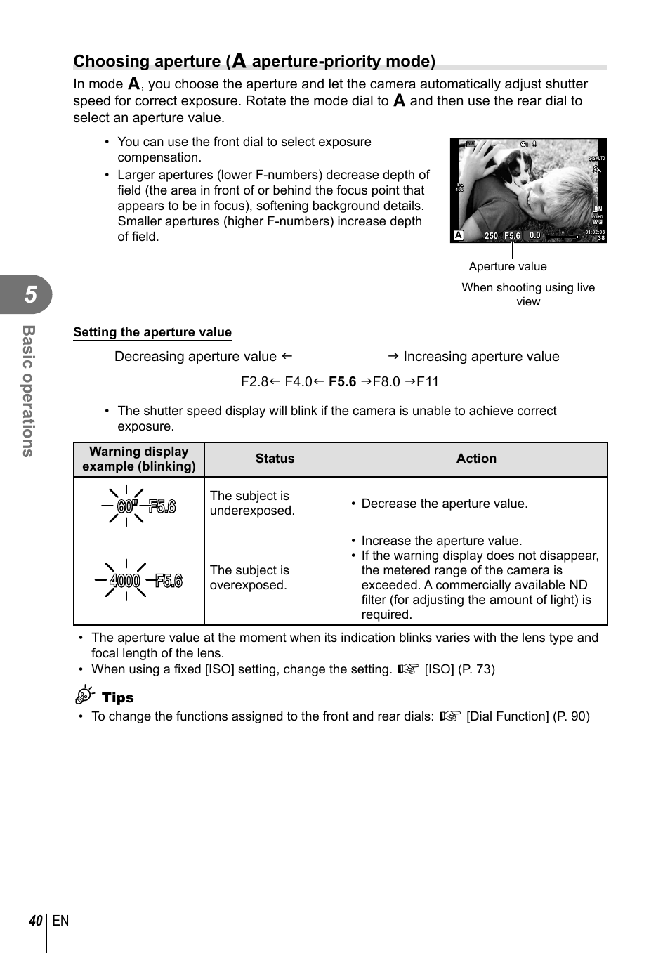 Basic operations, Choosing aperture ( a aperture-priority mode), 40 en | Olympus E-M10 User Manual | Page 40 / 161