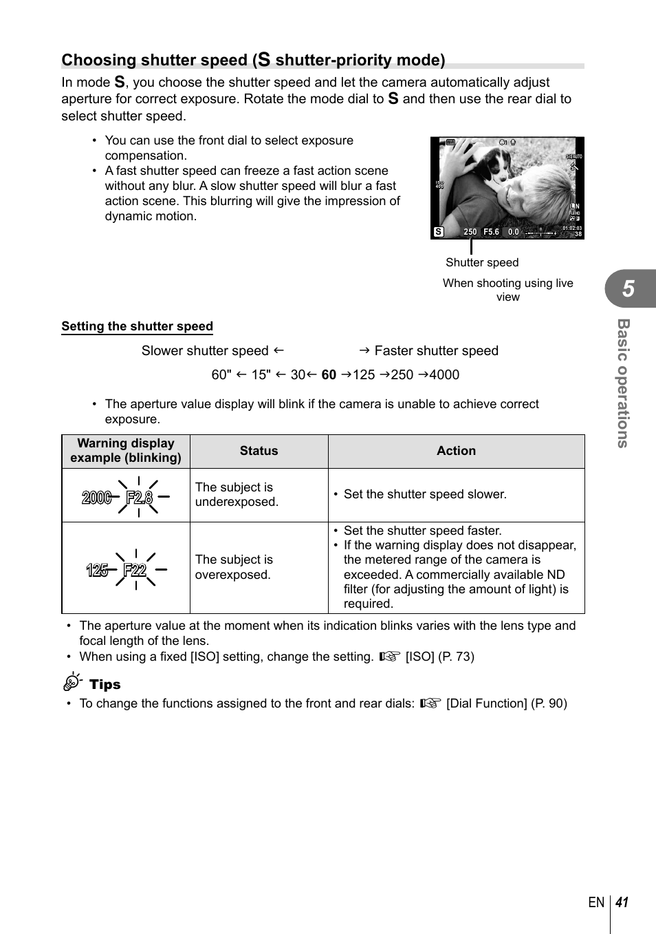Basic operations, Choosing shutter speed ( s shutter-priority mode), 41 en | Olympus E-M10 User Manual | Page 41 / 161