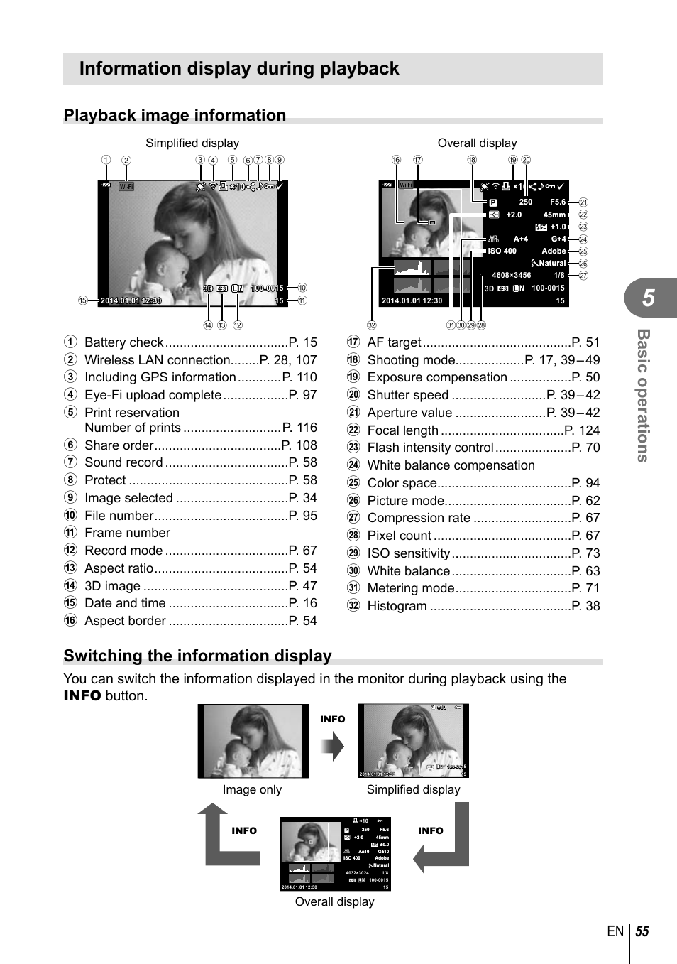Information display during playback, Basic operations, Playback image information | Switching the information display, 55 en, Simplifi ed display overall display, Overall display simplifi ed display image only | Olympus E-M10 User Manual | Page 55 / 161