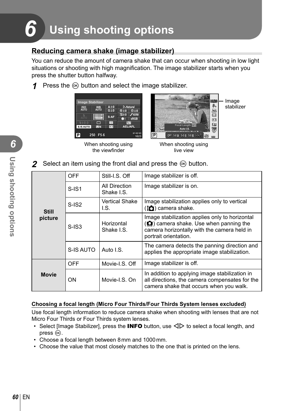 Using shooting options, Reducing camera shake (image stabilizer), 60 en | Press the q button and select the image stabilizer | Olympus E-M10 User Manual | Page 60 / 161