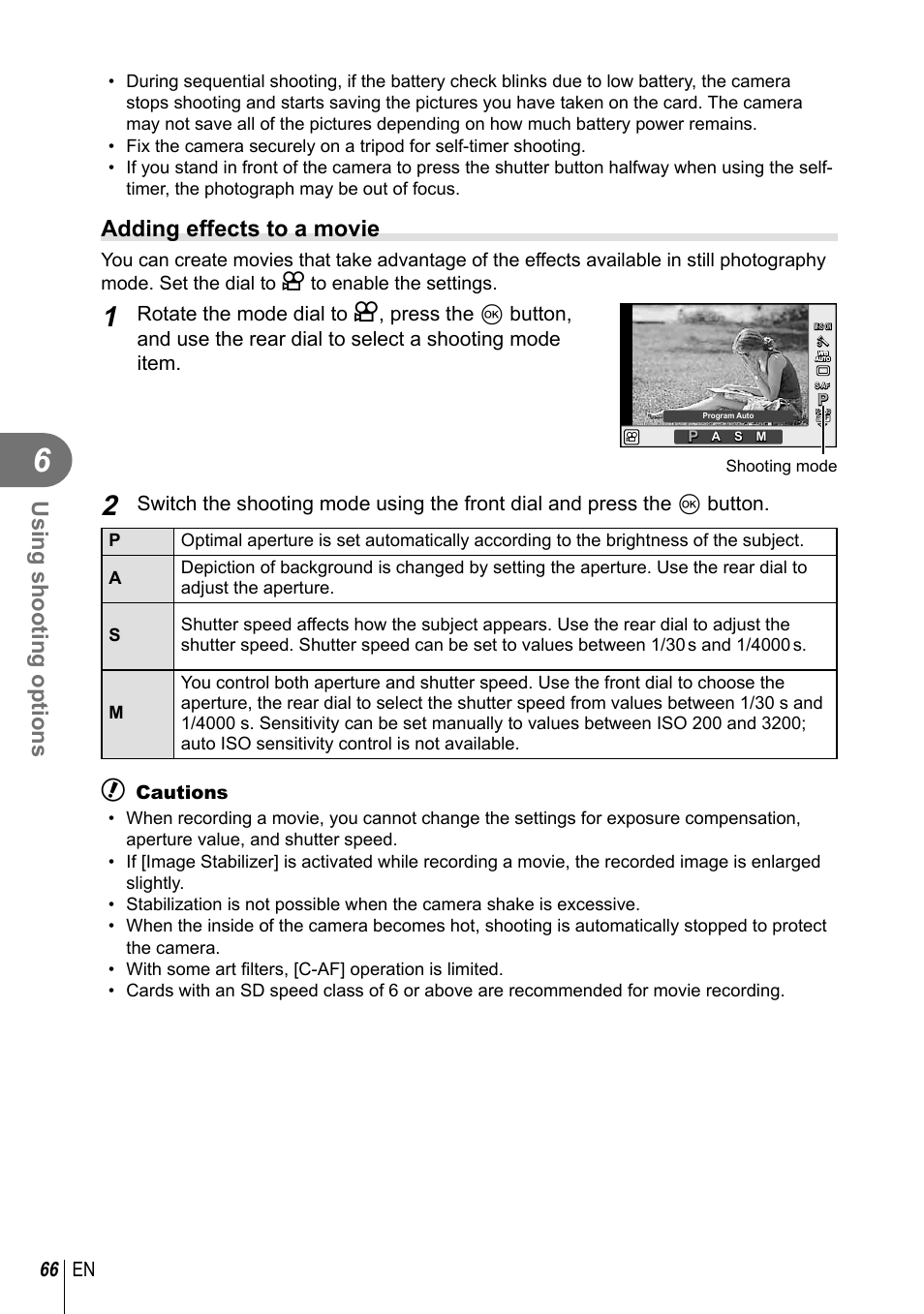 Using shooting options, Adding effects to a movie, 66 en | Cautions | Olympus E-M10 User Manual | Page 66 / 161