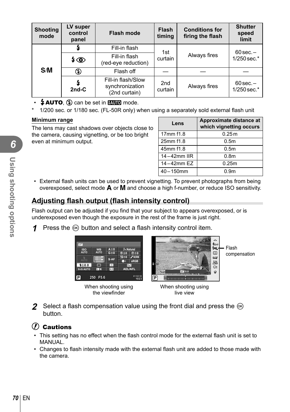Using shooting options, Adjusting fl ash output (fl ash intensity control), 70 en | Cautions | Olympus E-M10 User Manual | Page 70 / 161