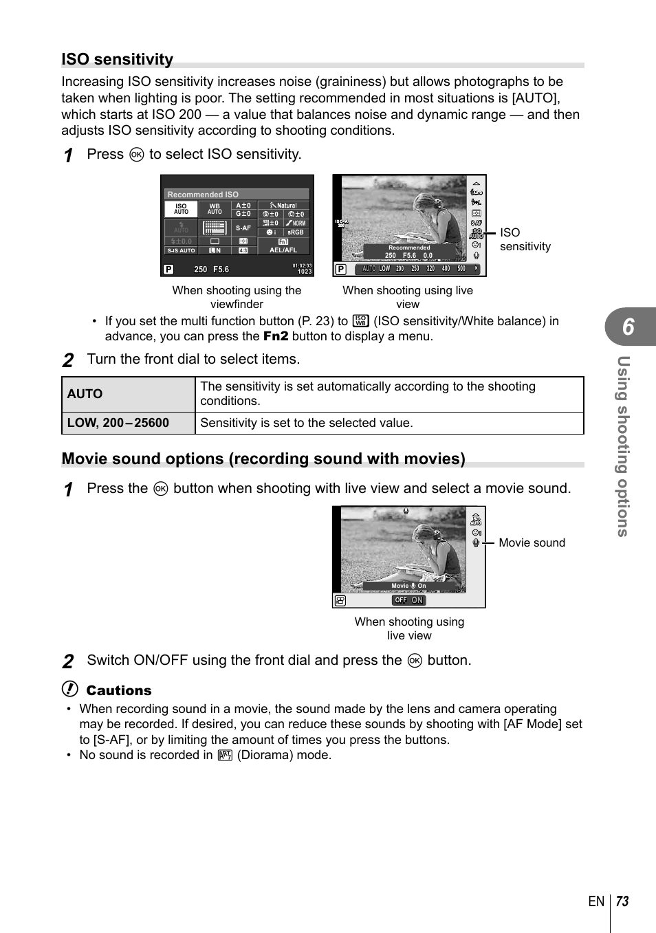 Using shooting options, Iso sensitivity, Movie sound options (recording sound with movies) | 73 en, Press q to select iso sensitivity, Turn the front dial to select items, Cautions, When shooting using the viewfi nder, When shooting using live view, Movie sound | Olympus E-M10 User Manual | Page 73 / 161