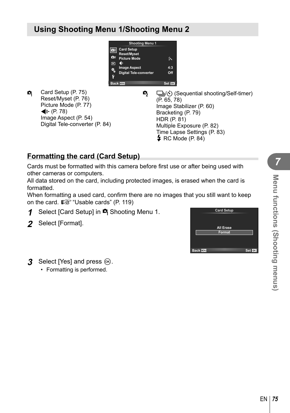 Using shooting menu 1/shooting menu 2, Menu functions (shooting menus), Formatting the card (card setup) | 75 en, Select [card setup] in w shooting menu 1, Select [format, Select [yes] and press q | Olympus E-M10 User Manual | Page 75 / 161