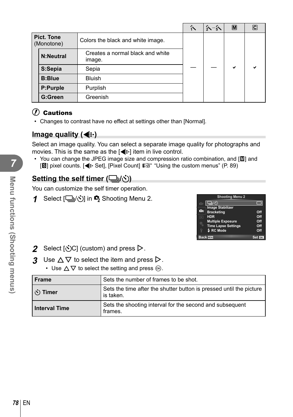 Menu functions (shooting menus), Image quality ( k ), Setting the self timer ( j / y ) | 78 en, Select [j/ y] in x shooting menu 2, Select [ yc] (custom) and press i, Use fg to select the item and press i | Olympus E-M10 User Manual | Page 78 / 161