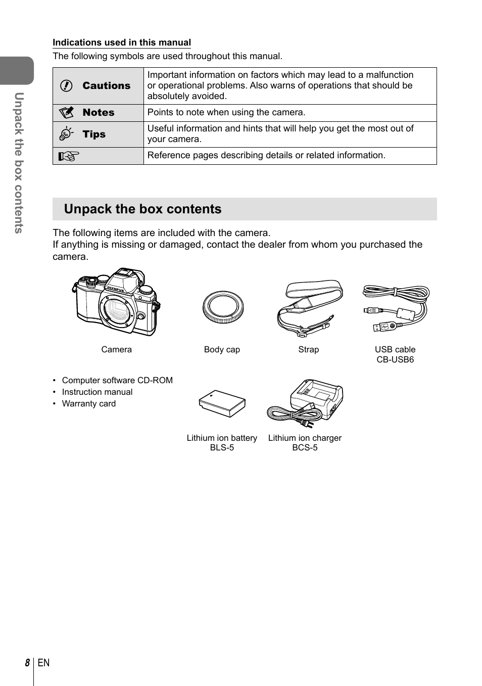 Unpack the box contents | Olympus E-M10 User Manual | Page 8 / 161