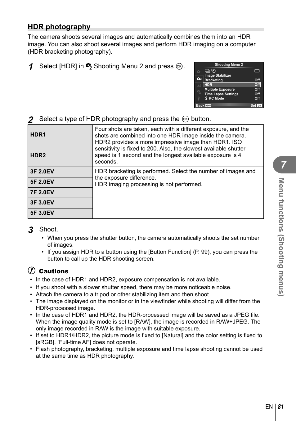 Menu functions (shooting menus), Hdr photography, 81 en | Select [hdr] in x shooting menu 2 and press q, Shoot | Olympus E-M10 User Manual | Page 81 / 161