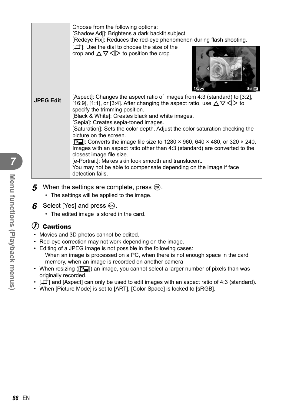 Menu functions (playback menus) | Olympus E-M10 User Manual | Page 86 / 161
