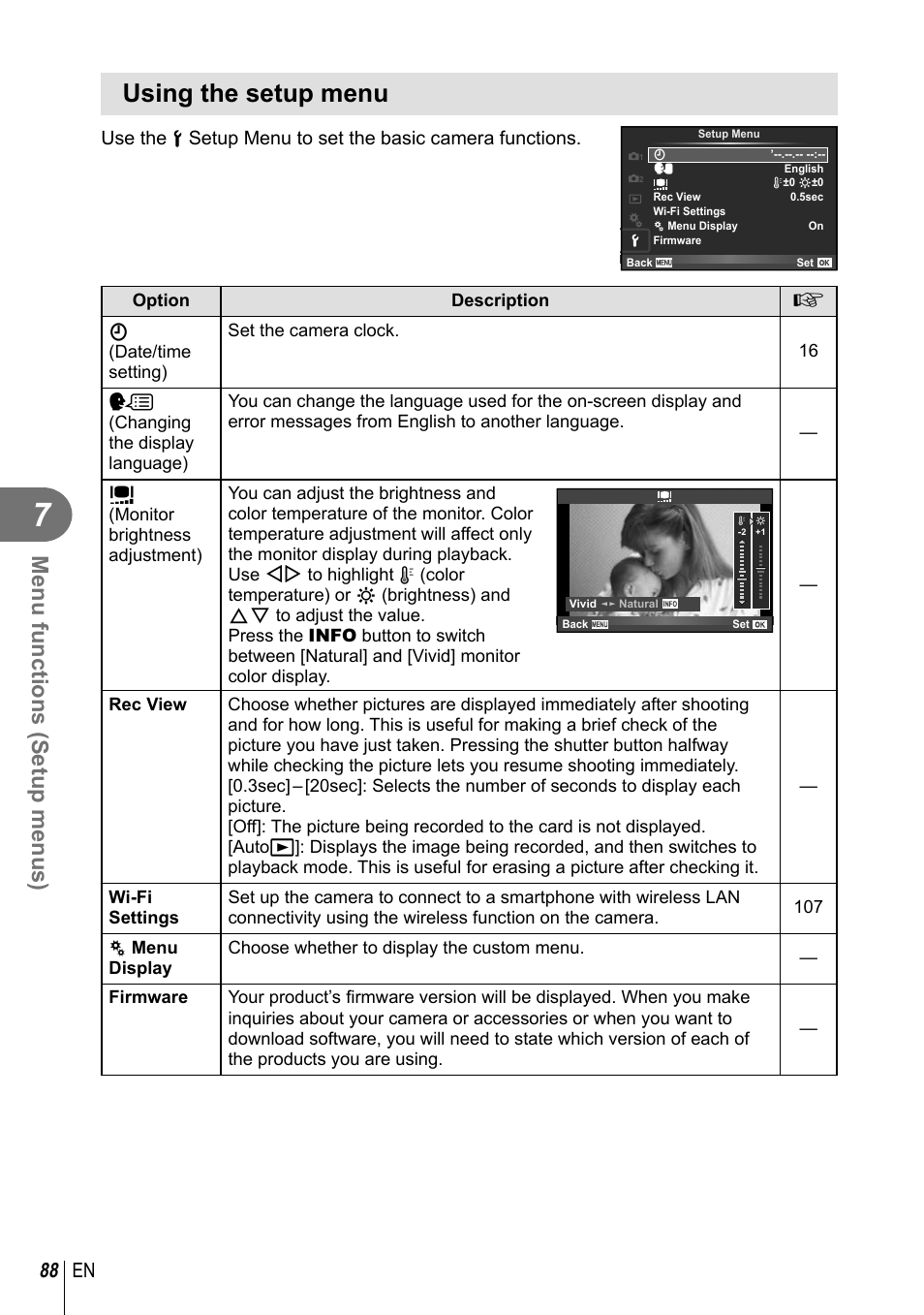Using the setup menu, Menu functions (setup menus), 88 en | Olympus E-M10 User Manual | Page 88 / 161