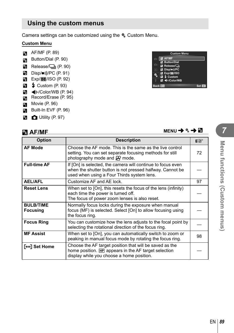 Using the custom menus, R af/mf, Menu functions (custom menus) | 89 en | Olympus E-M10 User Manual | Page 89 / 161